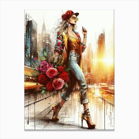 Rockabilly Woman With A Bouquet Of Red Roses Canvas Print