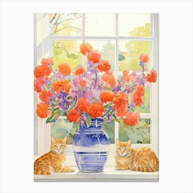 Cat With Azalea Flowers Watercolor Mothers Day Valentines 4 Canvas Print