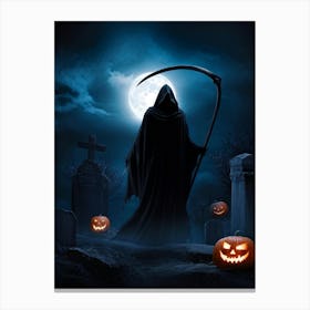 Sinister Reaper Silhouetted Against A Full Moon On Halloween Night Draped In A Tattered Black Cloak (3) Canvas Print