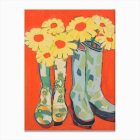 Painting Of Yellow Flowers And Cowboy Boots, Oil Style 7 Canvas Print