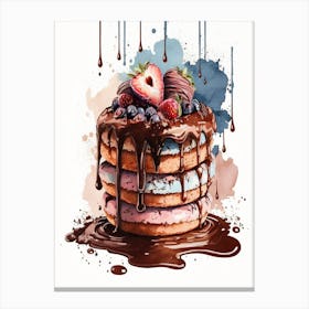 Pancakes covered with chocolate and strawberries watercolors Canvas Print