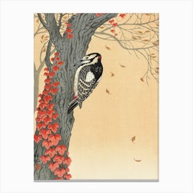 Great Spotted Woodpecker In Tree With Red Ivy, Ohara Koson Canvas Print