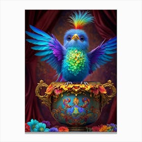 Iridescent Bird With Magic Eyes Ascending From A Baroque Style Paint Pot Overflowing With An Infinit Canvas Print