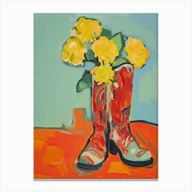 Painting Of Yellow Flowers And Cowboy Boots, Oil Style 3 Canvas Print