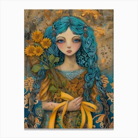 Blue Girl With Sunflowers Canvas Print