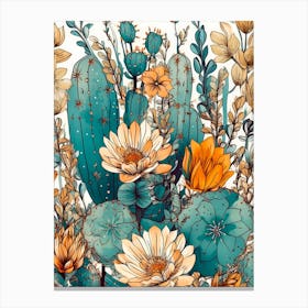 Cactus And Flowers Seamless Pattern nature flora Canvas Print