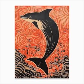 Dolphin, Woodblock Animal  Drawing 1 Canvas Print