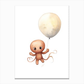 Baby Octopus Flying With Ballons, Watercolour Nursery Art 2 Canvas Print