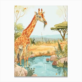 Giraffe In The Water Hole Modern Illustration 1 Canvas Print
