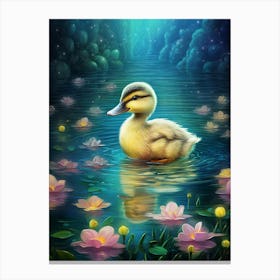 Duckling Swimming In The Pond In The Moonlight Pencil Illustration 4 Canvas Print
