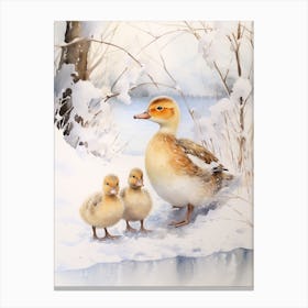 Ducklings & Mother In The Snow Watercolour  3 Canvas Print