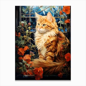 Contemporary Floral Cat On Windowsill 3 Canvas Print