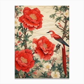 Red Camellia And Bird Vintage Japanese Botanical Canvas Print