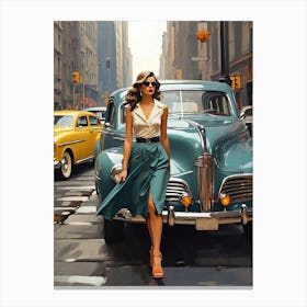 New York Middle 20th Century Walking Girl Retro Cars 6 Canvas Print