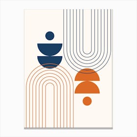 Modern Mid Century Sun, Moon Phases and Rainbow Abstract 25 in Navy Blue and Burnt Orange Canvas Print