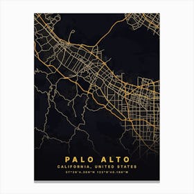 Palo Alto California Usa Black And Gold Map Canvas Print