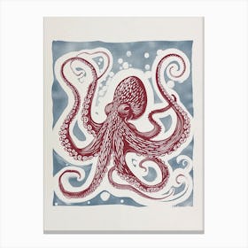 Linocut Inspired Navy Red Octopus With Coral 1 Canvas Print