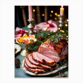 An Entregouted View Of A Glazed Spiced Pork Ham Festooned With A Crown Of Cloves Set On A Lavish C Canvas Print