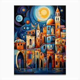 City of Venice at Night, Vibrant Colorful Abstract Painting in Cubism Style Canvas Print