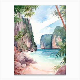 Watercolor Painting Of Maya Bay, Koh Phi Phi Thailand 1 Canvas Print