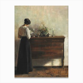 Interior-Artist's Wife by Dresser Reading by Carl Holsoe (1863-1935) Canvas Print