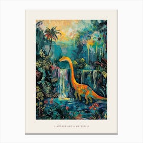 Dinosaur By A Waterfall Landscape Painting 1 Poster Canvas Print
