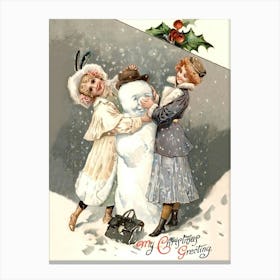 Two Ladies Posing With Snowman, Victorian Holiday Poster Canvas Print