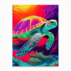 A Single Sea Turtle In Coral Reef, Sea Turtle Andy Warhol Inspired 1 Canvas Print