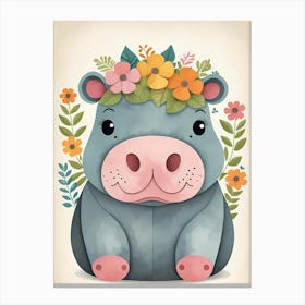 Floral Baby Hippo Nursery Illustration (19) Canvas Print