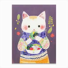 White Tan Cat Eating Salad Folk Illustration 2 Canvas Print