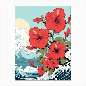 Great Wave With Hibiscus Flower Drawing In The Style Of Ukiyo E 3 Canvas Print