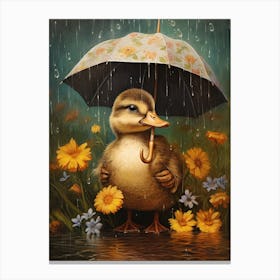 Duck With An Umbrella & Flowers Painting 2 Canvas Print