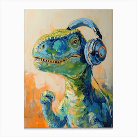 Green Orange Blue Dinosaur With Headphones On 1 Canvas Print