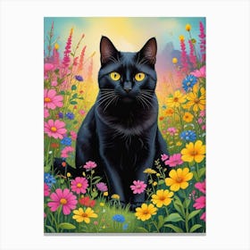 Quirky Cat In A Flower Field Art Print (3) Canvas Print