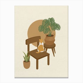 Minimal art Cat Sitting On A Chair looking plant Canvas Print