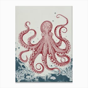 Retro Linocut Inspired Red & Navy Octopus 3 Canvas Print