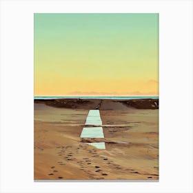 Beach Path at Sunset in Riviera. A digital illustration depicts a sandy beach at sunset, with a long, narrow wooden path leading towards the horizon. The sky is a gradient of soft blue, yellow, and orange, creating a peaceful and serene atmosphere. The path is made of light-colored wood planks, and it is surrounded by brown sand with footprints leading towards it. Canvas Print