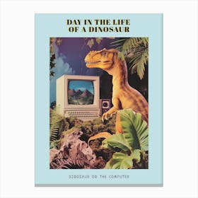 Dinosaur At A Computer Retro Collage 4 Poster Canvas Print