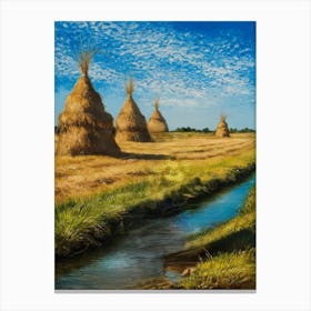 Haystacks By The Stream Canvas Print