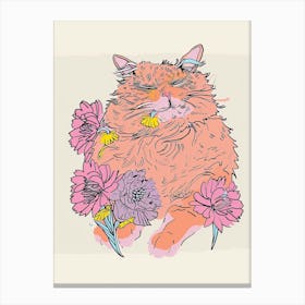 Cute Main Coon Cat With Flowers Illustration 2 Canvas Print
