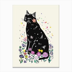 Cute Black Cat With Flowers Illustration 8 Canvas Print