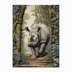 Rhino Walking Over The Wooden Bridge Realistic Illustration 3 Canvas Print