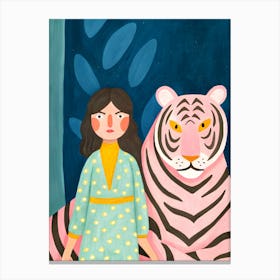 Pink Tiger And Woman Girl Canvas Print