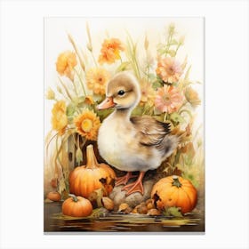 Autumnal Pumpkin Duckling Painting 3 Canvas Print