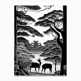 Nara Park, Japan Linocut Black And White Vintage Canvas Print