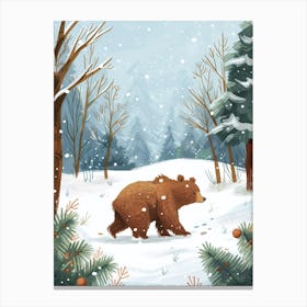 Brown Bear Walking Through A Snow Covered Forest Storybook Illustration 4 Canvas Print
