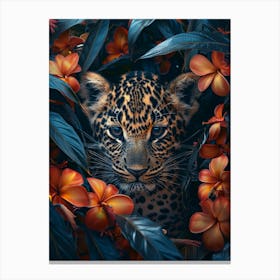 A Happy Front faced Leopard Cub In Tropical Flowers 18 Canvas Print