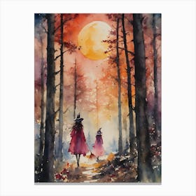 Mother and Daughter Rose Witches ~ Witchy parents, witch mom, pagan mom, pagan parenting, witchy artwork, witches, woods witch, hedge witchery, sunset walk, fairytale watercolor, forest witchcraft, beautiful paganism, midsummer, litha, colorful Canvas Print