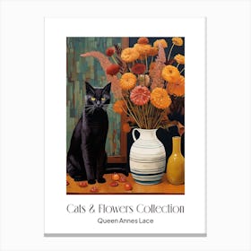 Cats & Flowers Collection Queen Annes Lace Flower Vase And A Cat, A Painting In The Style Of Matisse 3 Canvas Print