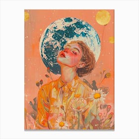 Girl With Flowers orange moon Canvas Print